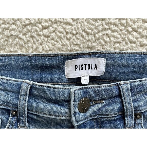 Pistola Womens Mid-Rise Whiskered Distressed Raw Hem Slim Leg Jeans Blue Size 27 - Picture 6 of 12